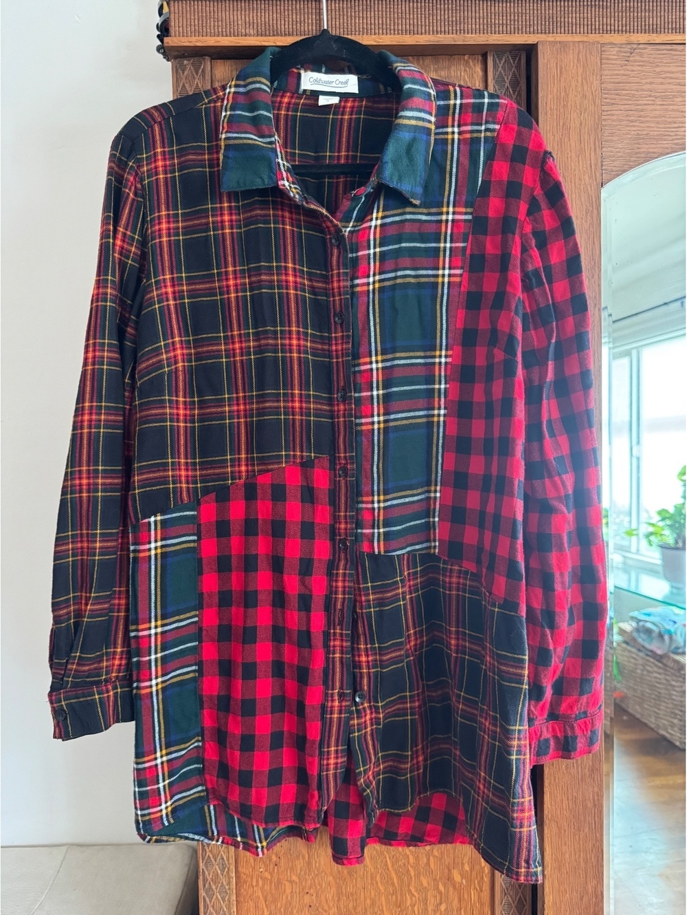 Coldwater Creek Mixed Plaid Patchwork Oversized Long Button-Down Boho Christmas